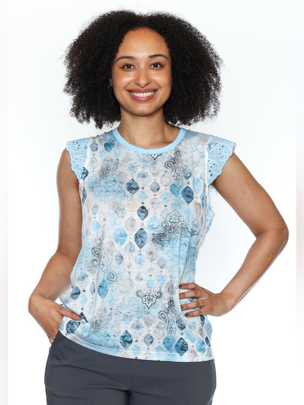 Papa Vancouver Crewneck Eyelet-Capleeve Top-White/Blue